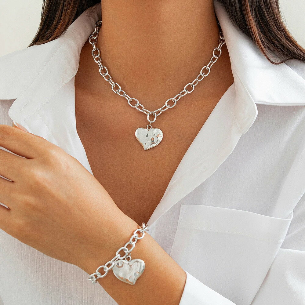 【送料無料】 チョーカー ペンダント ブレスレット ネックレス ビンテージ シルバー チェーン ハート メタル レディース 2個セット カラー グランジ ジュエ...