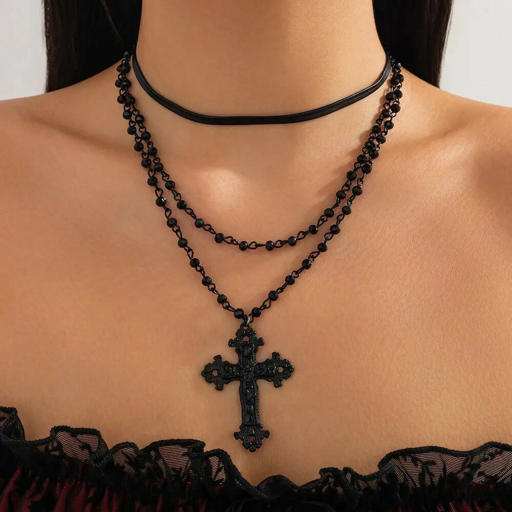 【送料無料】 チョーカー ペンダント ネックレス 黒 ブラック ビンテージ チェーン クロス ビーズ レディース ゴシック 多層 マルチレイヤー パンク ネック...