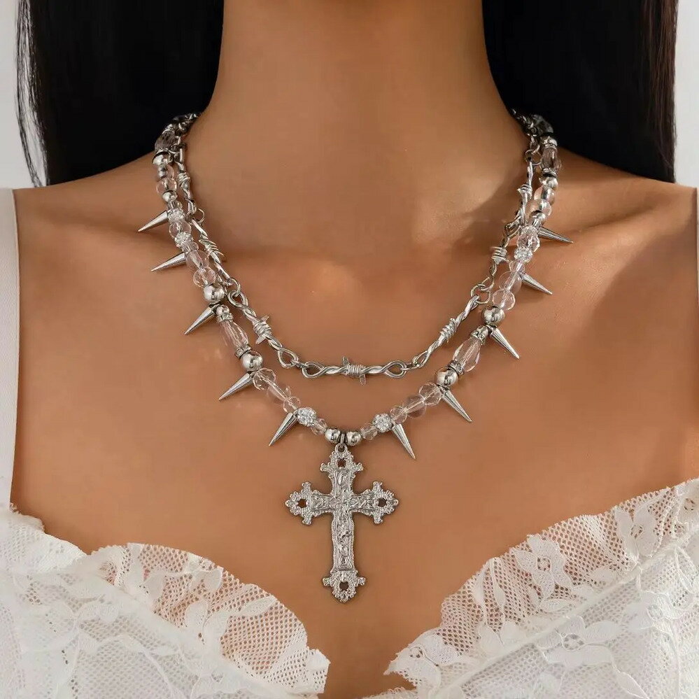【送料無料】 チョーカー ペンダント ネックレス クリスタル ビンテージ チェーン クロス メタル レトロ レディース パンク 円錐形 大 イエス グランジ ジュエリー スチームパンク