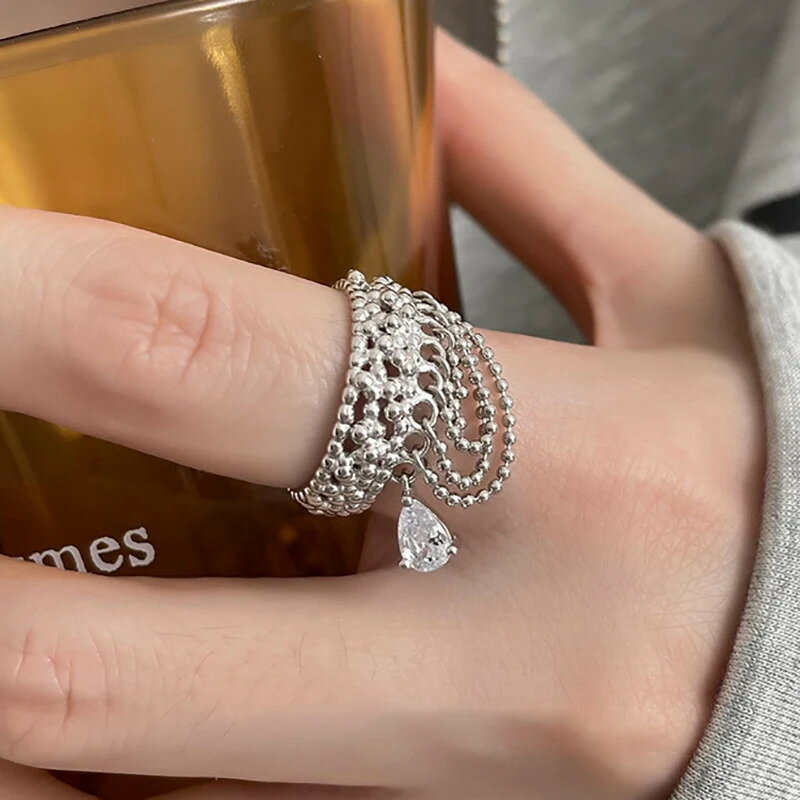 【送料無料】 指輪 リング ジルコニア チェーン シンプル ドロップ レディース Ins ファッション タッセル ジルコン カップル クリエイティブ 水 幾何学 ハンドメイド パーティ ジュエリー