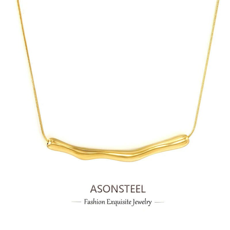 【送料無料】 チャーム ペンダント ネックレス ステンレス ゴールド メタル ロング レディース ハイ 品質 スチール ウェーブ シェイプ カラー ミニマリスト...