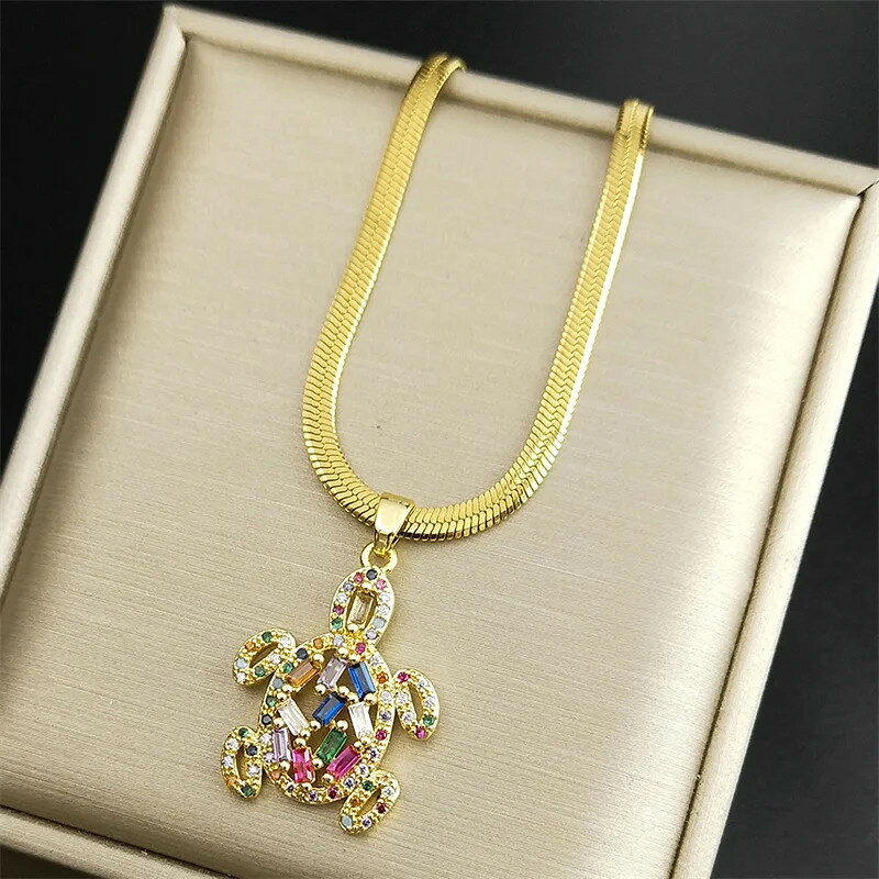 【送料無料】 チョーカー ネックレス 動物 アニマル ジルコニア ステンレス ゴールド チェーン レディース シャイニー ジルコン カラフル カメ タートル かめ 亀 スチール カラー 鎖骨 ジュエリー ギフト