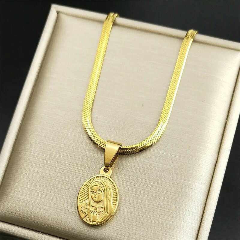 【送料無料】 チョーカー ペンダント ネックレス ステンレス ビンテージ ゴールド オバール チェーン レディース メンズ バージン メアリー プロテクト US スチール カラー パーティ キリスト ジュエリー