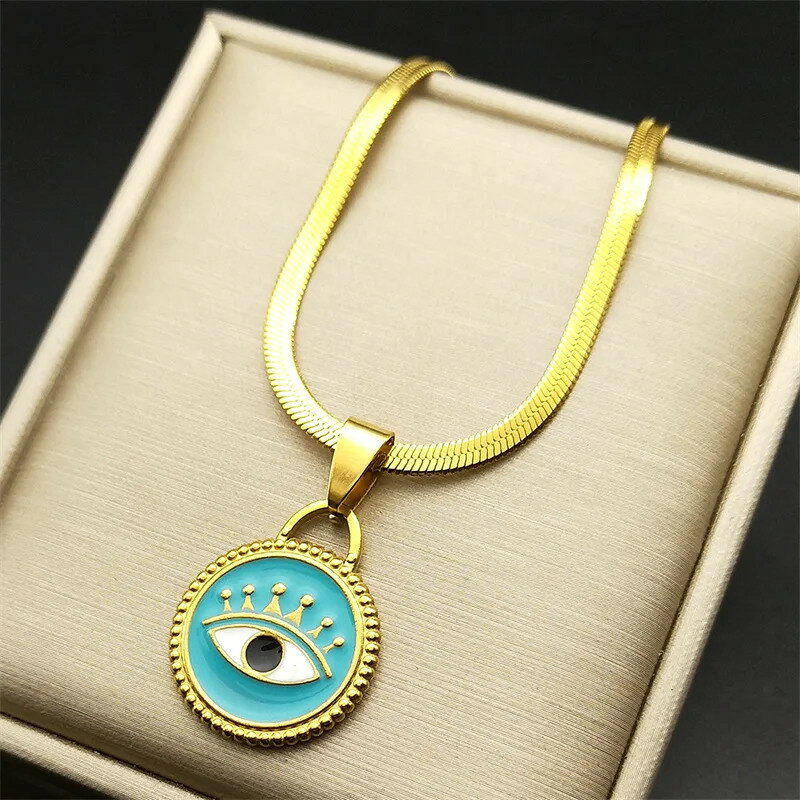 【送料無料】 チョーカー ペンダント ネックレス ステンレス 青 ブルー ゴールド ラウンド メタル レディース クラシック 悪 エビル 悪魔 デーモン 目 ア...