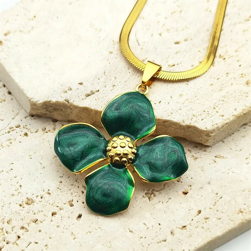 【送料無料】 チョーカー ペンダント ネックレス 緑 グリーン 花 フラワー ステンレス ゴールド レディース ファッション 大 エナメル スチール カラー 花...