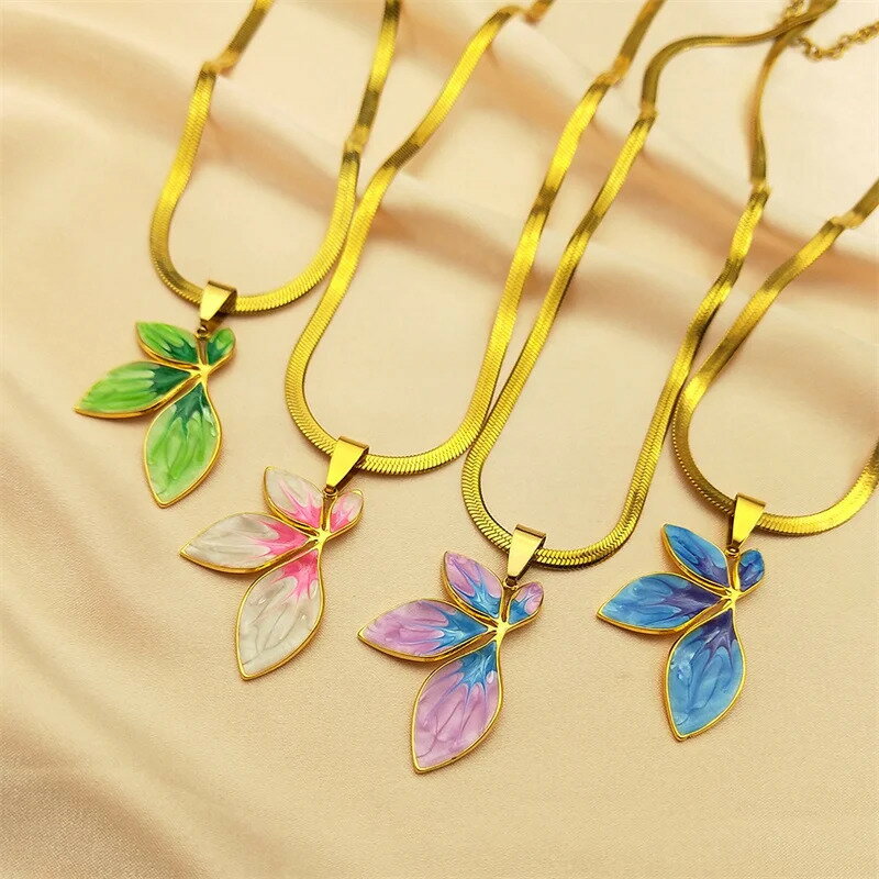 【送料無料】 チョーカー ペンダント ネックレス 花 フラワー ステンレス ビンテージ ゴールド 木の葉 リーフ レディース Y2K エナメル カラフル スチー...