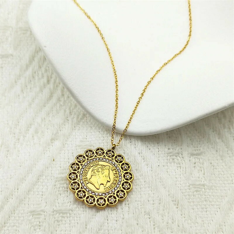 【クーポン利用で4900円】 ペンダント ネックレス ラインストーン ステンレス ゴールド チェーン コイン レディース メンズ ナポレオン III 皇帝 スチール カラー ジュエリー ギフト(4)