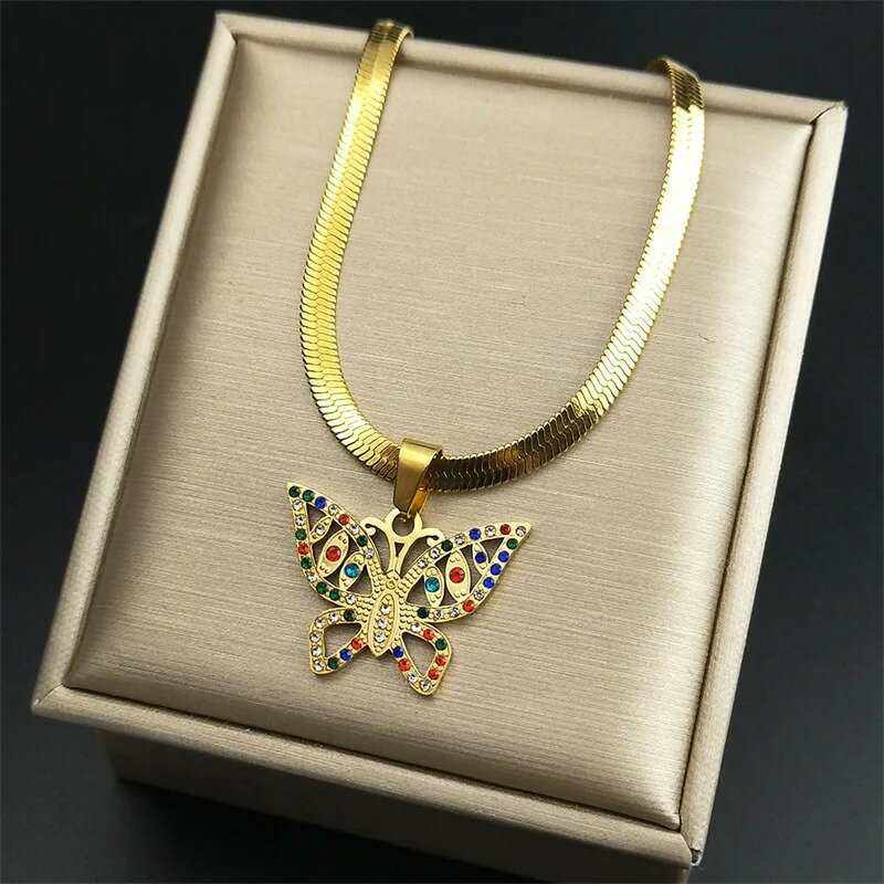 【送料無料】 チョーカー ネックレス 蝶 バタフライ クリスタル ステンレス ビンテージ インセクト チェーン 昆虫 レディース カラフル スチール 鎖骨 ジュエリー