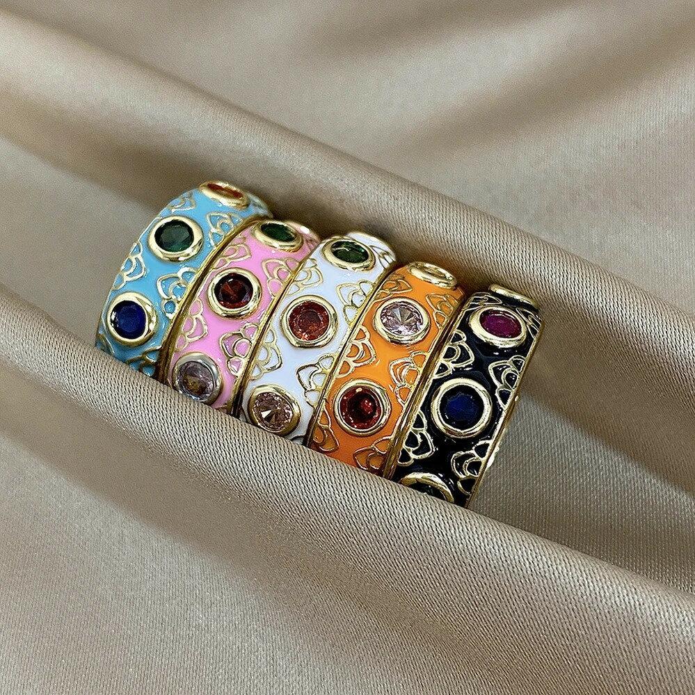 【クーポン利用で3800円】 チャーム 指輪 リング ラインストーン ビンテージ ゴールド レディース カラフル エナメル 指 フィンガー 分厚い カラー オープニング ジュエリー ギフト