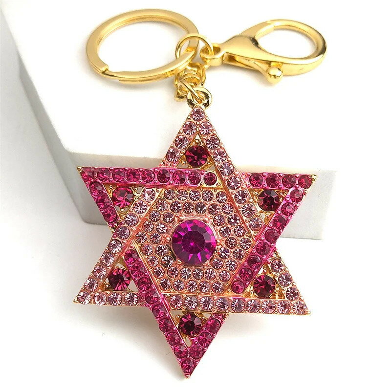 【送料無料】 キーホルダー ラインストーン クリスタル チェーン サクラ ピンク リング 車 鍵 星 レディース マガン スター デビッド キー アロイ 素晴らしい ヘキサグラム キーリング カー バッグ アクセサリー ジュエリー K9646S