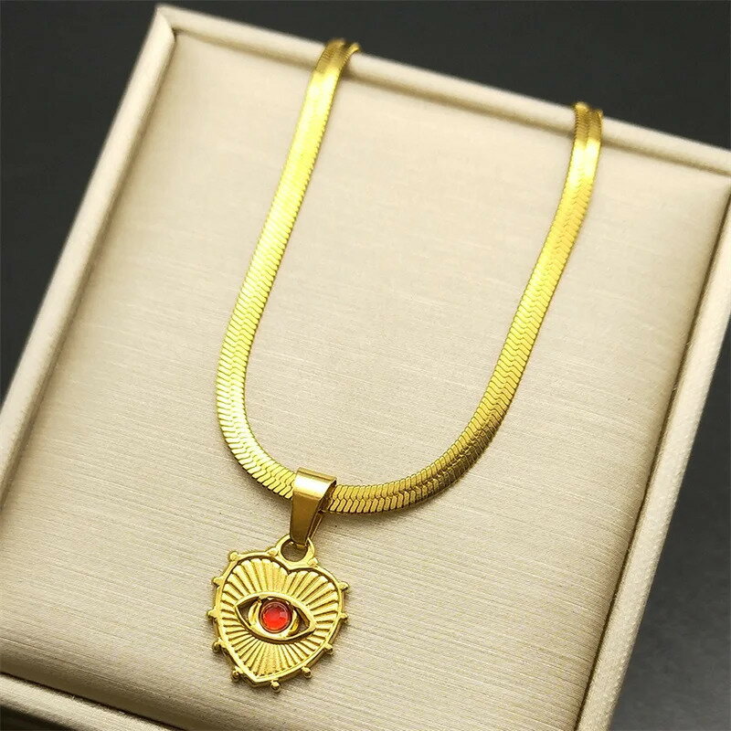 【送料無料】 チャーム ペンダント ネックレス ステンレス ビンテージ 赤 レッド ゴールド ストーン ハート レディース メンズ デビル 目 アイズ スチール...