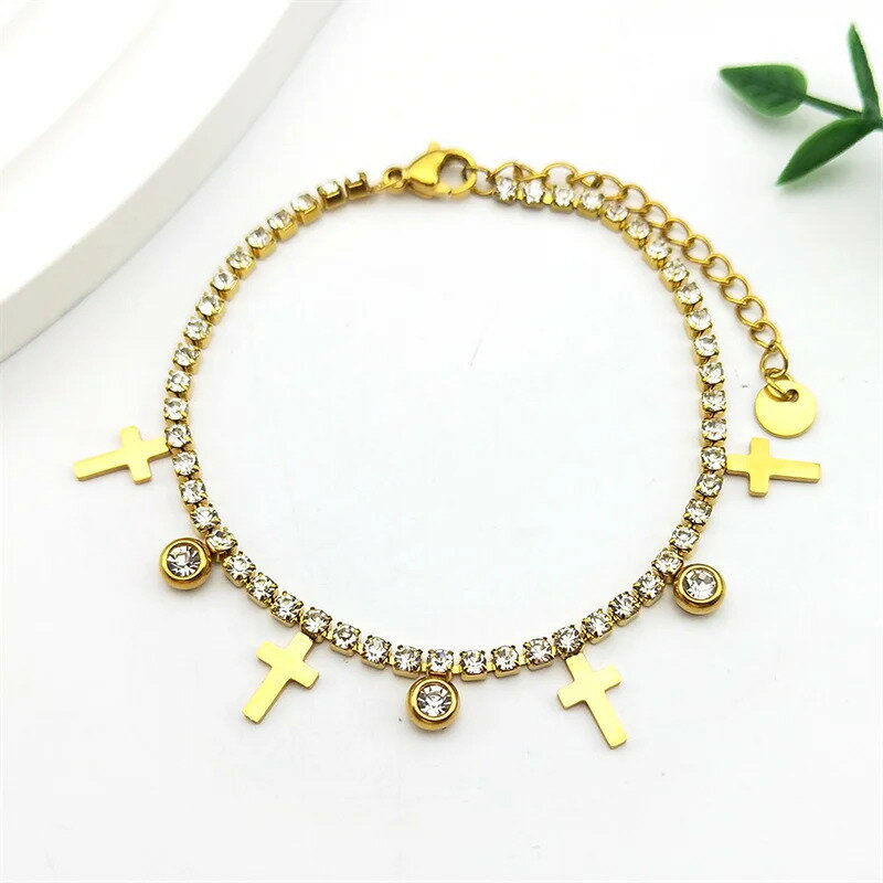 【送料無料】 ブレスレット ラインストーン 白 ホワイト ステンレス ゴールド チェーン ドロップ クロス レディース タッセル ガール スチール カラー パーティ 結婚式 ウェディング ハンド ジュエリー ギフト