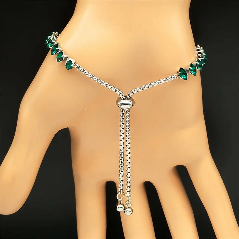 【送料無料】 ブレスレット ラインストーン 緑 グリーン ステンレス シルバー チェーン シンプル レディース ガール スチール カラー クリア 透明 ハンド ジュエリー