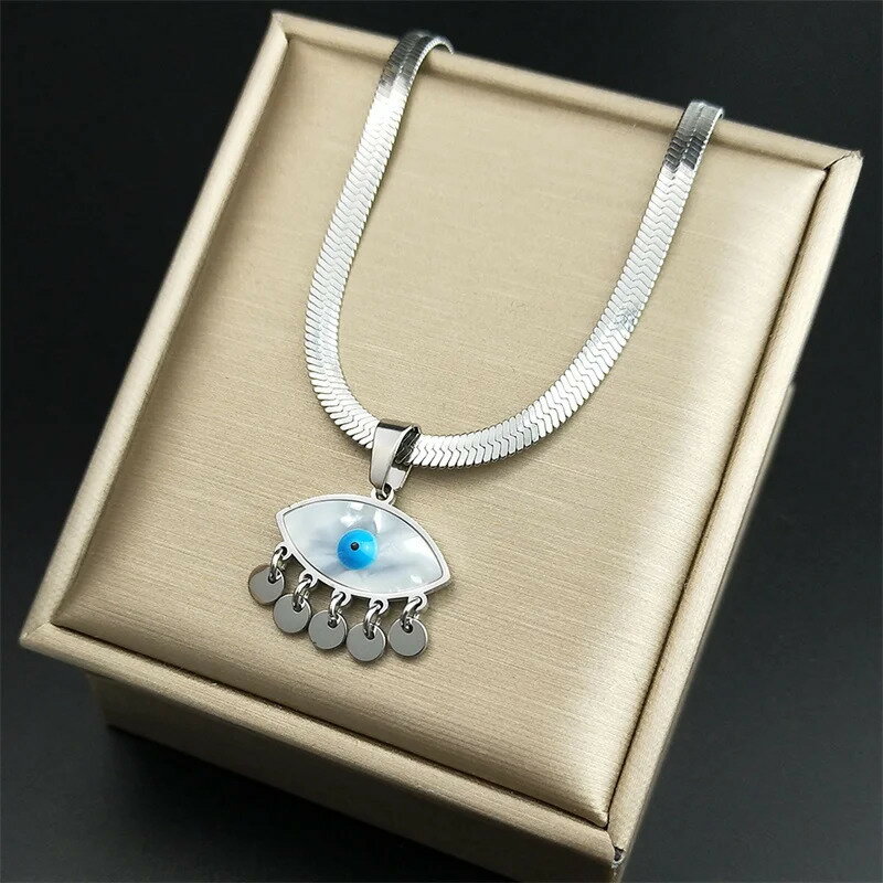 【送料無料】 チョーカー ペンダント ネックレス ステンレス 青 ブルー シルバー シェル レディース 悪 エビル 目 アイズ タッセル 貝殻 スチール カラー...