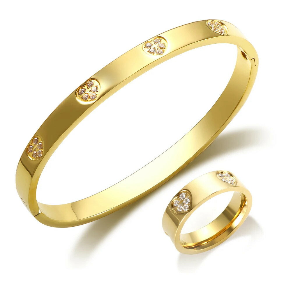 【送料無料】 バングル 指輪 リング ブレスレット ステンレス ハート レディース メンズ トレンド 透かし ジュエリー セット スチール 贅沢 結婚式 ウェデ...