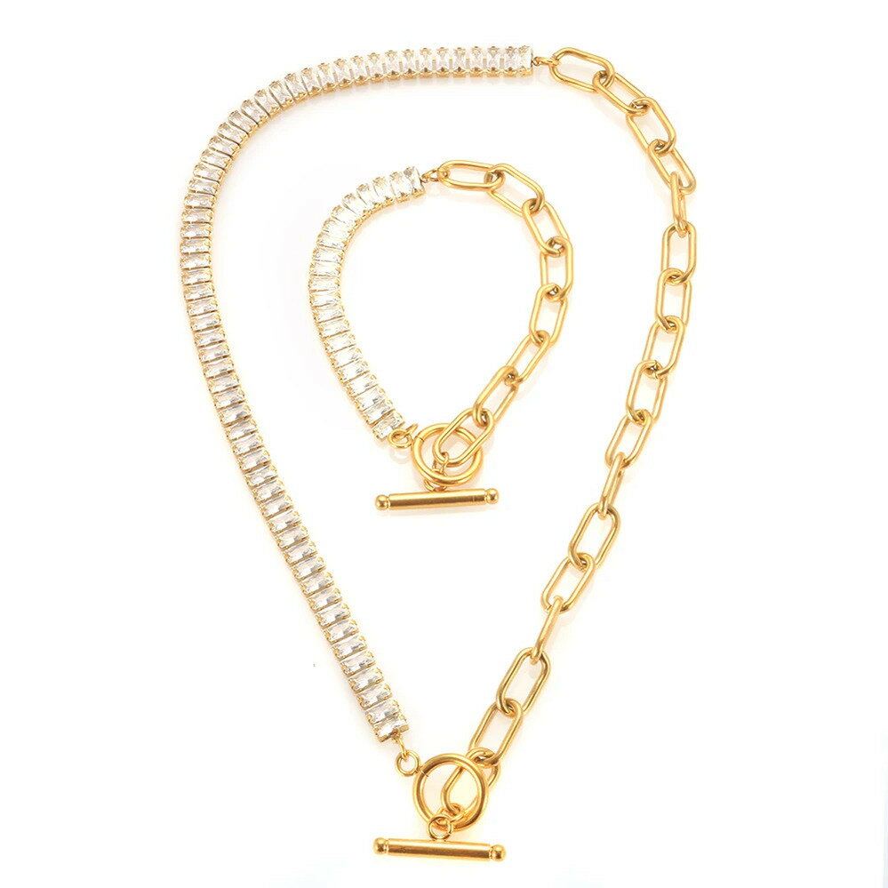 【送料無料】 チョーカー 指輪 リング ブレスレット ネックレス ジルコニア クリスタル ゴールド スクエア チェーン レディース メンズ 贅沢 四角 ジルコン シャイニー 溶接 結婚式 ウェディング リンク OT 留めゴールド 金 クラスプ ジュエリー セット