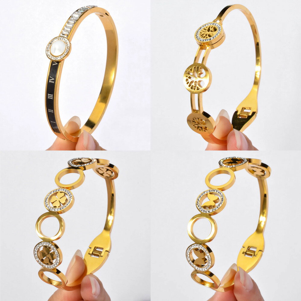 【送料無料】 バングル ブレスレット ジルコニア ステンレス クローバー ゴールド プラント 植物 レデ..