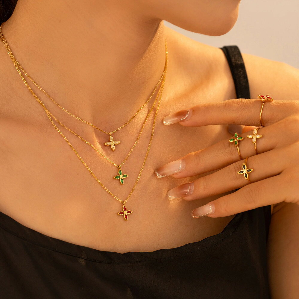 楽天FineJewelrys【送料無料】 ペンダント 指輪 リング ネックレス ジルコニア ステンレス クロス ビーズ レディース 多数 カラー ジルコン スチール 防水 ターニッシュ 2 ピース ジュエリー セット