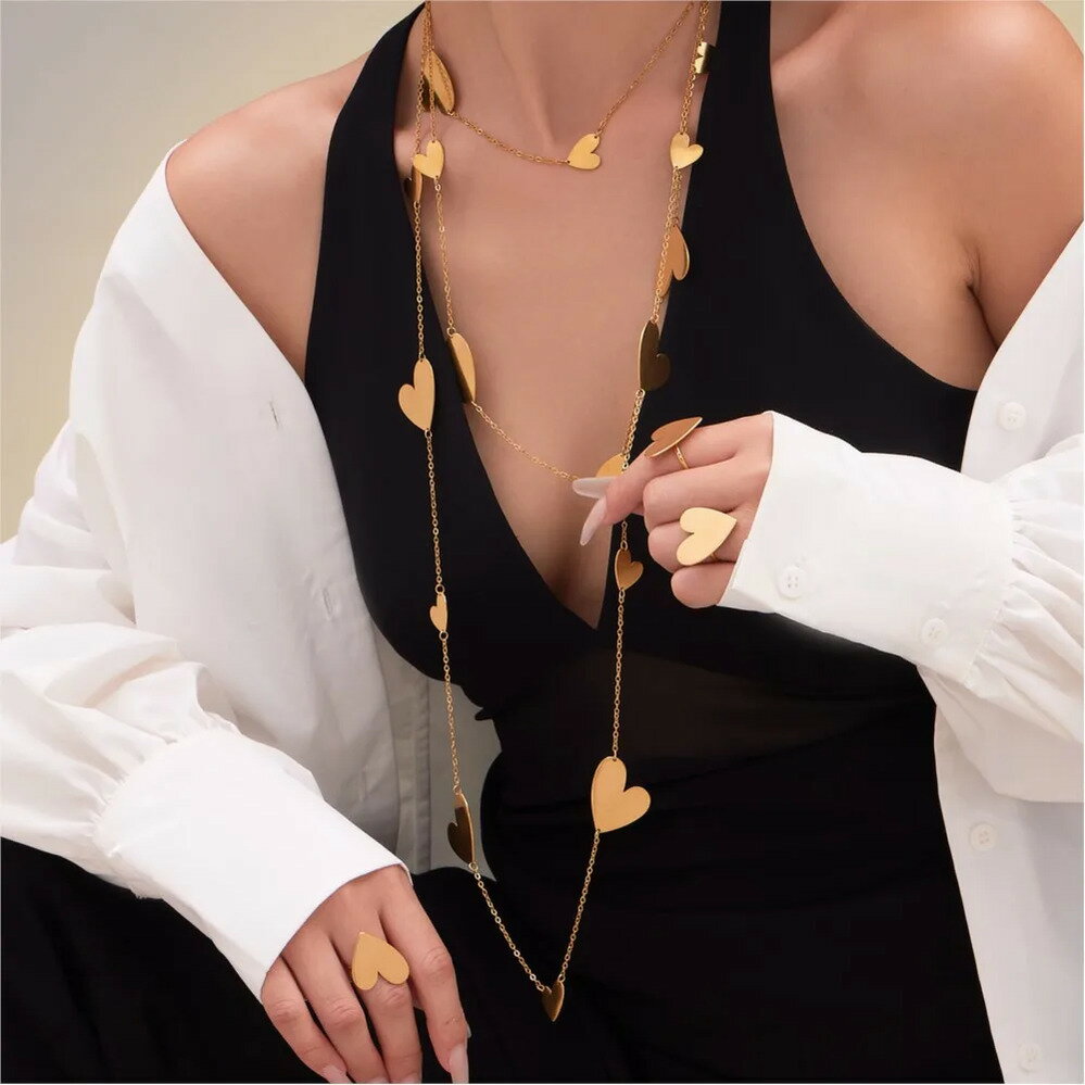 【送料無料】 ピアス 指輪 リング ネックレス ステンレス ゴールド チェーン ハート ロング レディース..