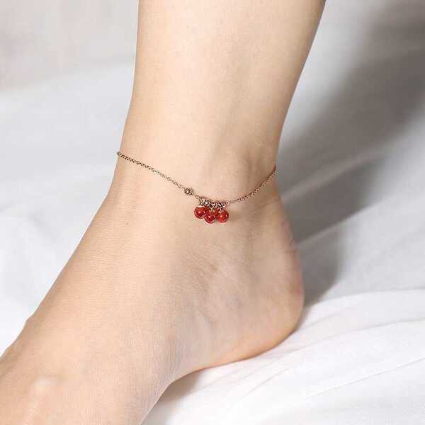 【クーポン利用で2760円】 アンクレット レディース 女性 ステンレス ピンクゴールド ビーズ チェーン ストーン 足 赤 レッド シンプル 大人 トレンド ...