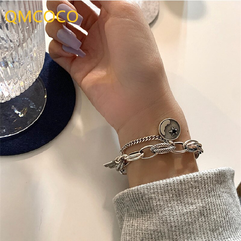 【クーポン利用で2980円】 ペンダント ブレスレット シルバー サークル ビンテージ チェーン 星 スター レディース カラー 厚い ドル ハンドメイド トレンド パーティ ジュエリー