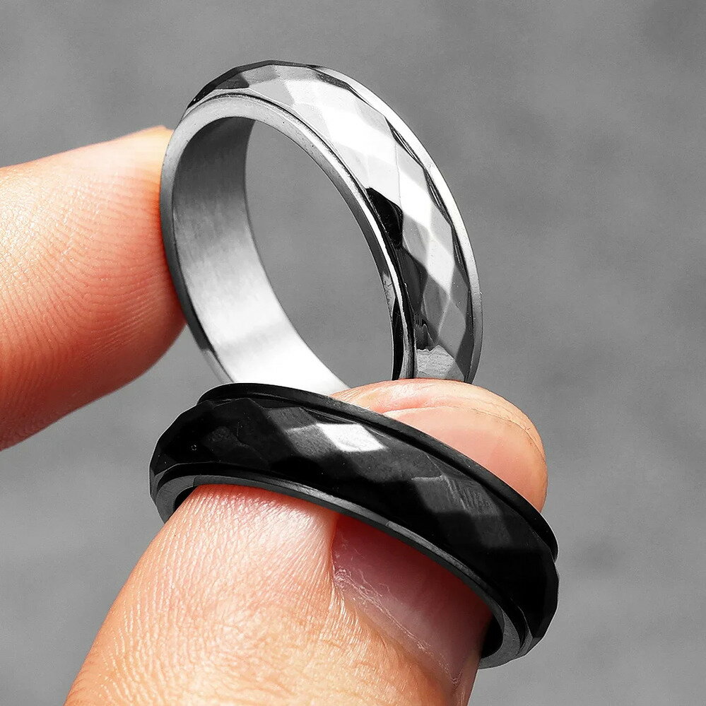 【送料無料】 指輪 リング 黒 ブラック ステンレス スピナー シンプル レディース メンズ 幾何学 カット フィジェット スチール パンク ロック ジュエリー...