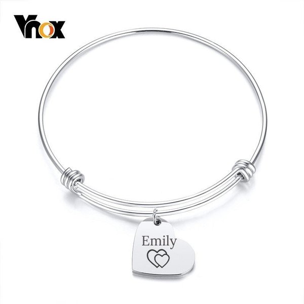 【送料無料】 バングル ブレスレット 無料名入れ刻印 ステンレス 調整可能 チャーム ハート デート ネーム 名前 ワイヤー タグ 拡張可能 フリーサイズ ID...