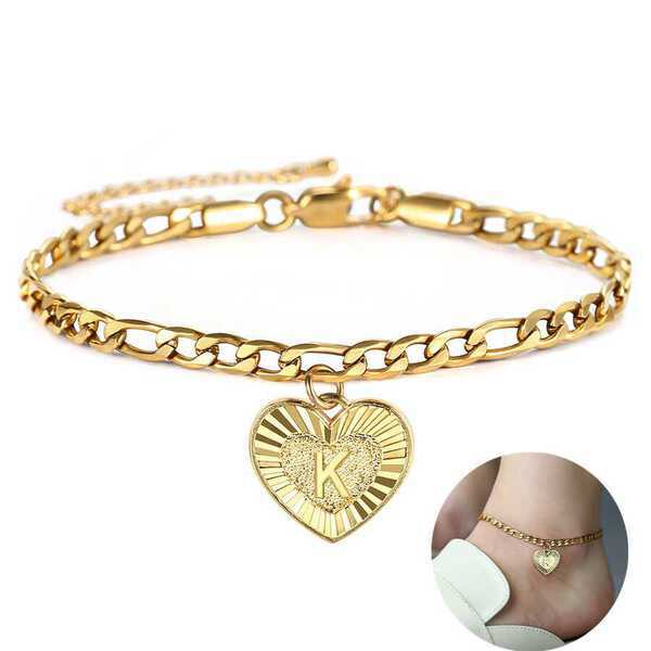 【クーポン利用で3770円】 A ̄Z イニシャル 文字 レター アンクレット おしゃれ 大人 ステンレス ゴールド アルファベット チャーム フィガロ リンク ...