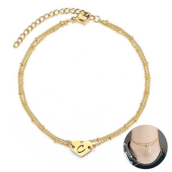 【クーポン利用で3490円】 ハート Love 透かし柄 イニシャル A ̄Z おしゃれ 大人 文字 レター アンクレット レイヤー ゴールド ステンレス チャー...