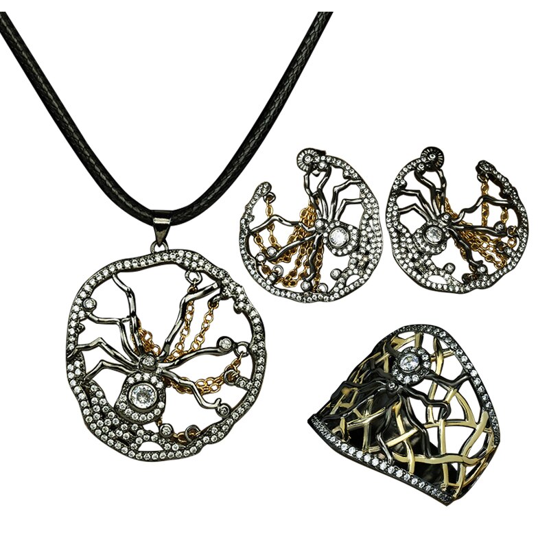 【送料無料】 ピアス 指輪 リング ネックレス 黒 ブラック クモ ジルコニア ビンテージ 動物 アニマル レース レディース 女性 ゴシック ジュエリー セット スタイル ゴールド タッセル アンティーク 豪華 ギフト