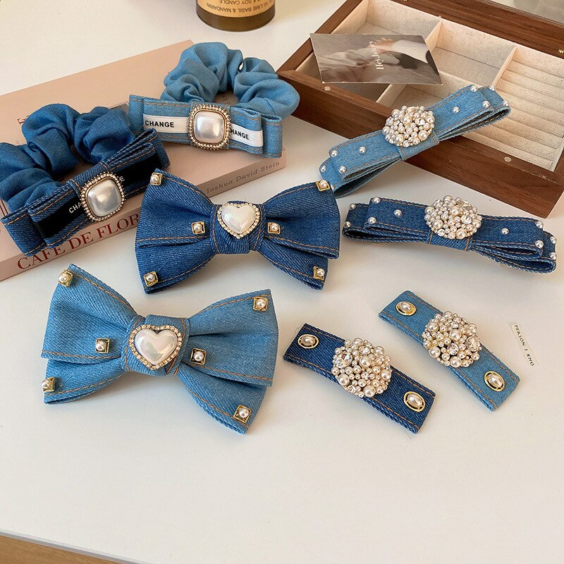 【送料無料】 ヘアークリップ 青 ブルー ファブリック 布 パール 真珠 フープ レディース 女性 デニム ボウノット リボン 赤 レッドちゃん ベイビー 女の...