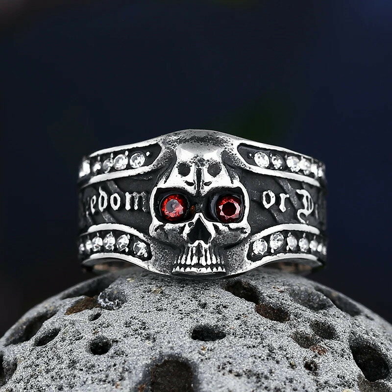 【クーポン利用で4200円】 指輪 リング ステンレス 赤 レッド ストーン スカル メンズ バイカー 316L スチール ゴシック アクセサリー ロスト 頭蓋骨
