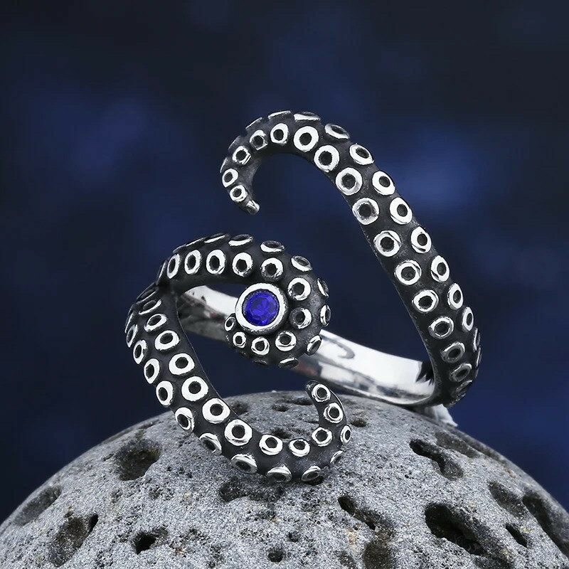 【送料無料】 指輪 リング 動物 アニマル ジルコニア ステンレス ビンテージ 青 ブルー タコ レディー..