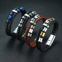 【クーポン利用で5360円】 バングル ブレスレット バン本革ステンレス レザー バン メンズ 本革 ステンレス 網込 ジュエリー ダブル マルチレイヤー マグ...
