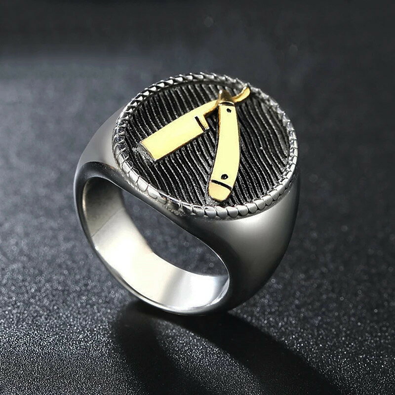 【送料無料】 指輪 リング ステンレス ゴールド シルバー メンズ 重い 砂糖 シュガー 理髪師 バーバー 美容師 ナイフ