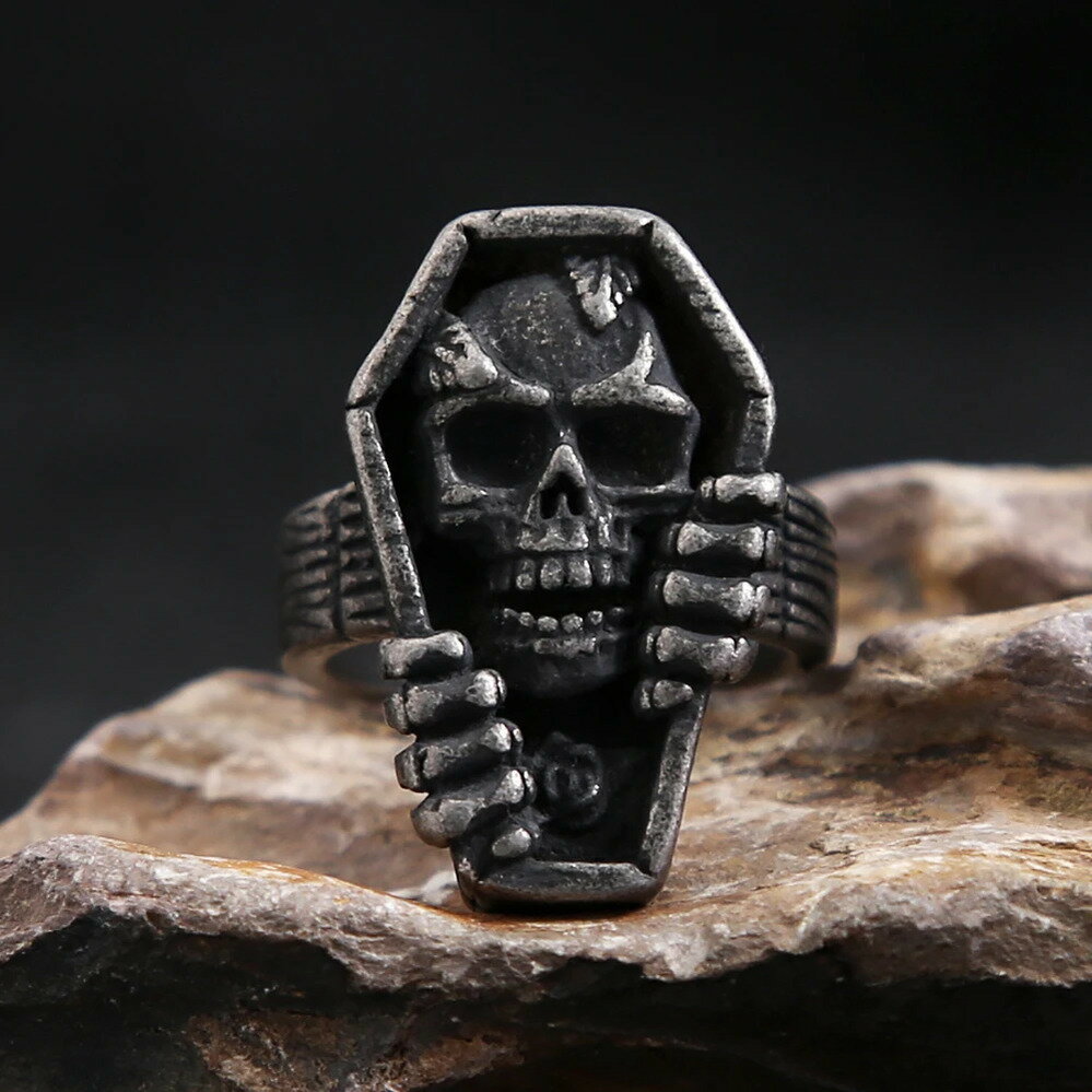 【クーポン利用で4480円】 指輪 リング 黒 ブラック ステンレス ビンテージ スカル メンズ パンク スチ..