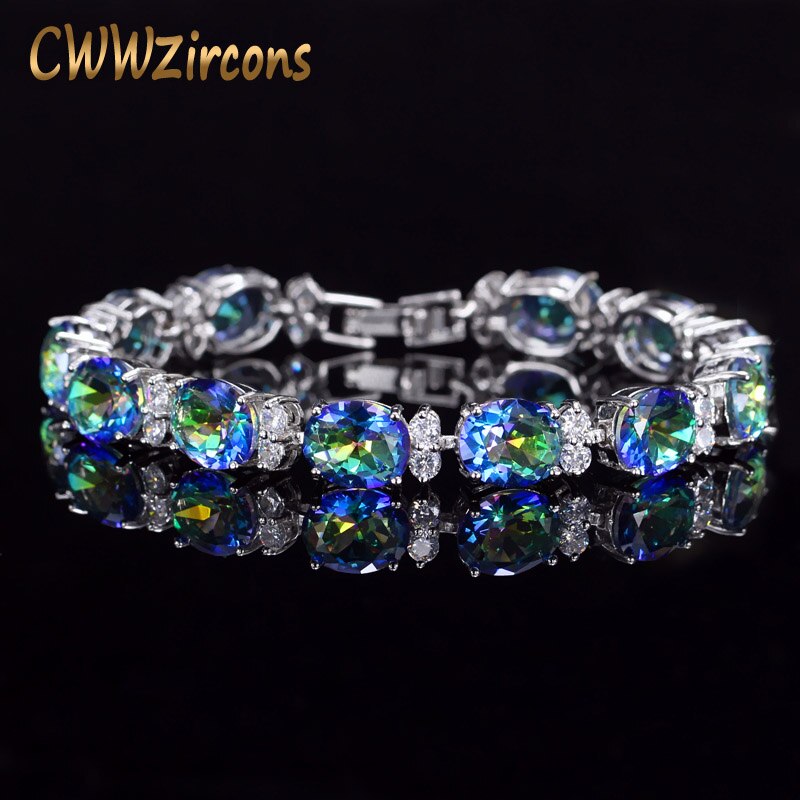 【送料無料】 ブレスレット 青 ブルー レインボー オバール クリスタル ラウンド ストーン レディース ジルコニア ブランド 綺麗な 神秘的 虹 カラー 大 ...