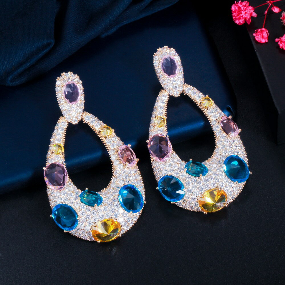 楽天FineJewelrys【クーポン利用で7310円】 ピアス ゴールド ロング 揺れる ジルコニア レディース 女性 ブラジル カラー 水 ドロップ 分厚い 大きい ダングル CZ エンゲージメント パーティ 結婚式 ウェディング ジュエリー