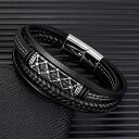【クーポン利用で3840円】 ブレスレット レザー ステンレス ビンテージ メタル メンズ 編組 ラップ 多層 マルチレイヤー 透かし パターン スチール アクセサリー リストバンド(4)