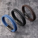 【送料無料】 バングル ブレスレット 黒 ブラック 磁気 レザー ステンレス メンズ コーヒー ダブル パンク スチール 留め金 クラスプ 編組 トレンド ジュ...