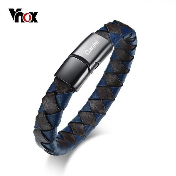 【送料無料】 メンズ ブレスレット バングル 編み込み レザー ステンレス IDブレスレット 簡単フック ..