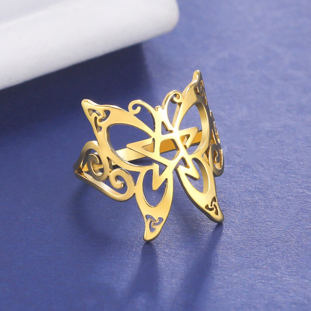【送料無料】 指輪 リング チョウ 蝶 バタフライ ステンレス 動物 アニマル レディース 女性 トレンド 五角 スチール ウィッカ 五芒星 スター ジュエリー...