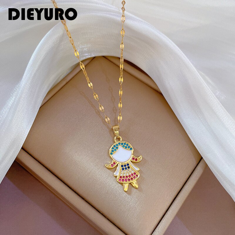 【クーポン利用で2750円】 ペンダント ネックレス ステンレス チェーン レース レディース 女性 316L スチール カラフル ラインストーン リトル ガール トレンド レディ 鎖骨 ジュエリー ギフト