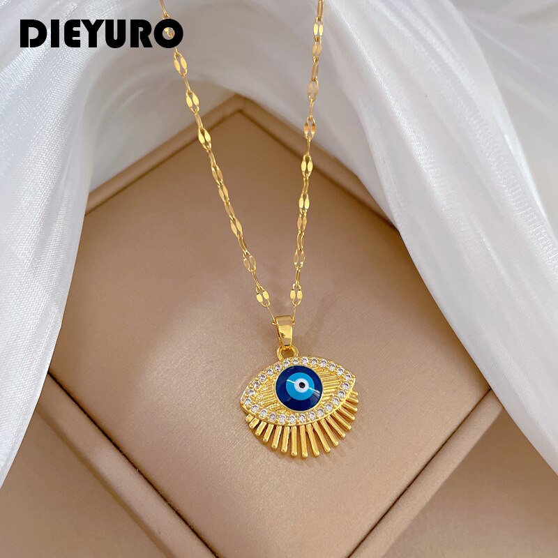 Rhinestone - 【送料無料】 】 ペンダント ネックレス 青 ブルー ステンレス チェーン レトロ 眼 レース レディース 女性 316L スチール 目 アイズ ガール 新しい ファッション 鎖骨 ジュエリー ギフト パーティ