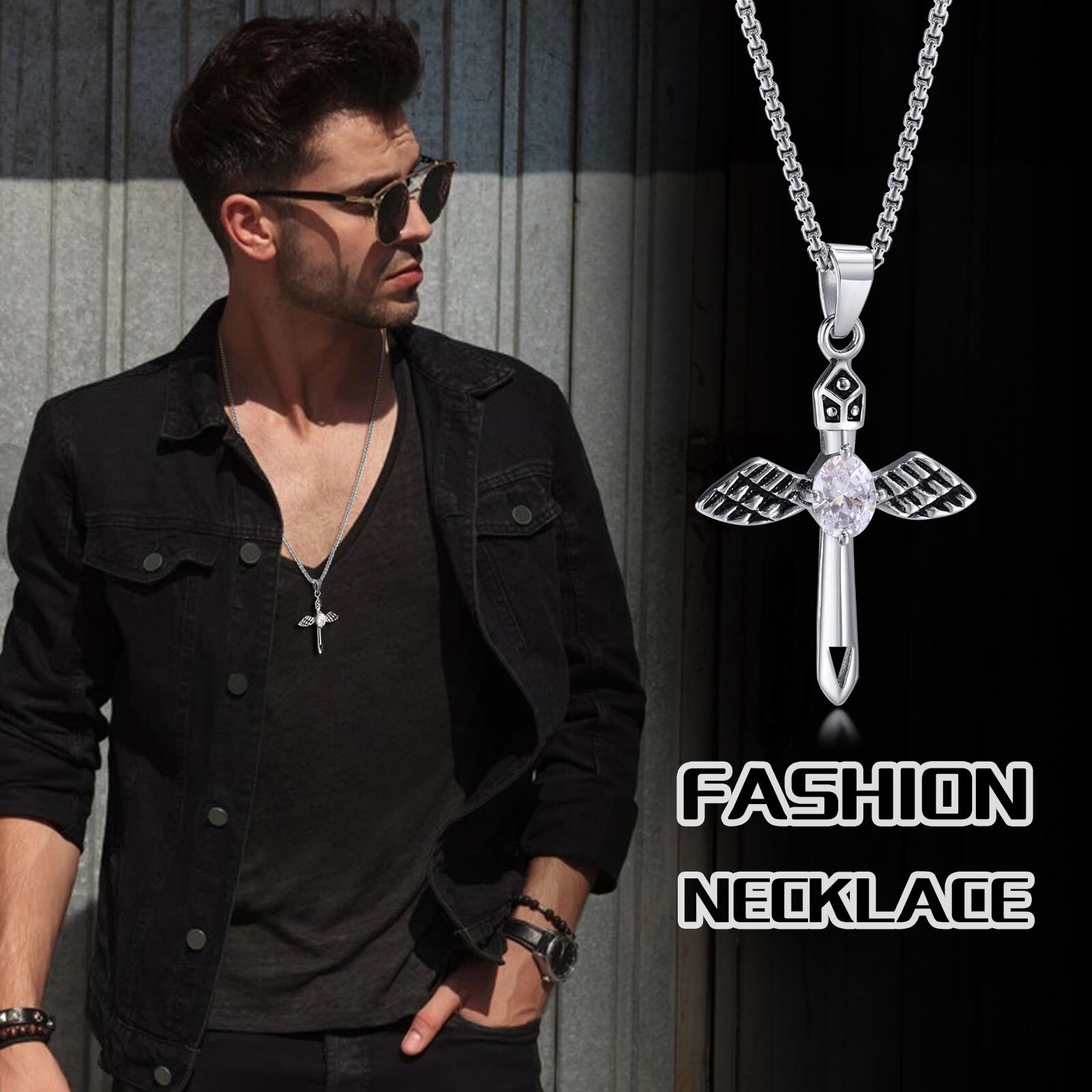 【送料無料】 ペンダント ネックレス ステンレス ジルコニア チェーン 翼 ウィング レース メンズ 男性..