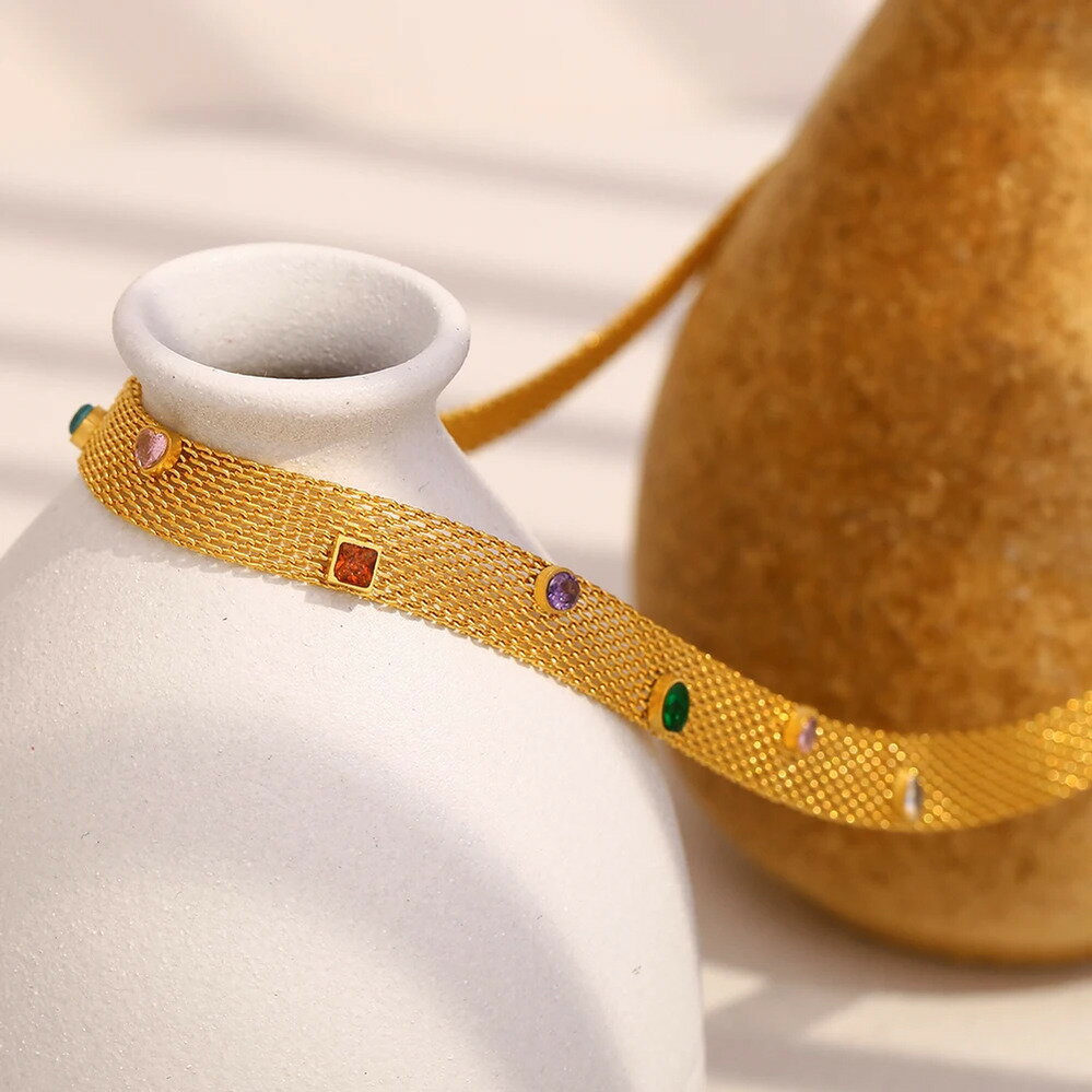 【送料無料】 チョーカー ネックレス ジルコニア ステンレス ゴールド レディース 18K プレート 新しい ネット カラフル ジルコン スチール パーティ ジュエリー