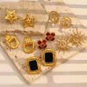 【送料無料】 ピアス 黒 ブラック 花 フラワー ステンレス ビンテージ 赤 レッド ストーン 瑪瑙 星 クリエイティブ ダブル カラー メノウ 太陽 スター PVD プレート スチール 耳 イヤー ジュエリー(4)