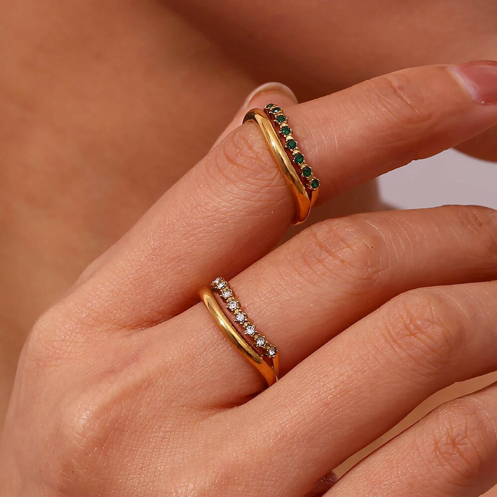 楽天FineJewelrys【送料無料】 指輪 リング ラインストーン ステンレス ブライダル ゴールド スチール ジュエリー トレンド マイクロ パヴェ 多数 レイヤー 結婚式