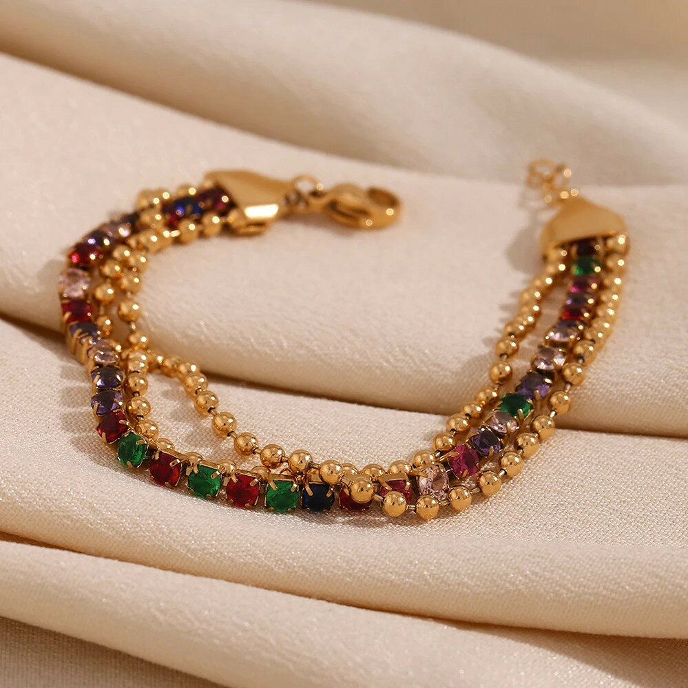 【送料無料】 ブレスレット ステンレス ゴールド ビーズ 3 レイヤー カラフル 18K プレート ジュエリー 316L スチール アクセサリー