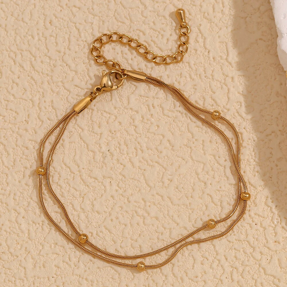 【送料無料】 アンクレット 動物 アニマル ステンレス ゴールド チェーン ラウンド ビーズ ダブル レイヤー 蛇 スネイク ヘビ 水 耐性 18K プレート ...